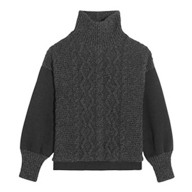 Cable-Knit Wool-Blend and Scuba-Jersey Turtleneck Sweater