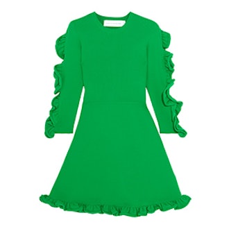 Ruffle-Trimmed Ribbed-Knit Mini Dress