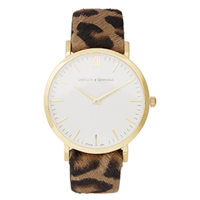 Lugano Leopard-Print Calf Hair and Gold-Plated Watch