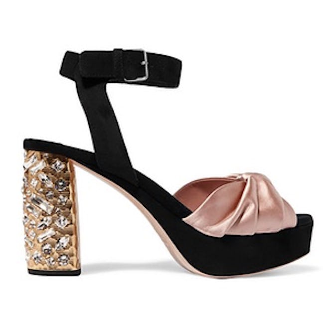 Crystal-Embellished Satin And Suede Platform Sandals