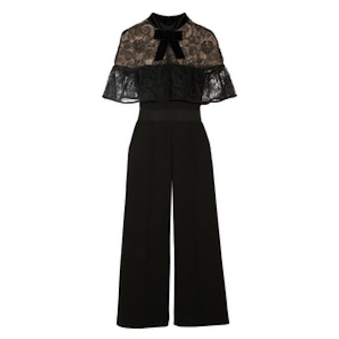 Paisley Velvet-Trimmed Embroidered Tulle and Crepe Jumpsuit