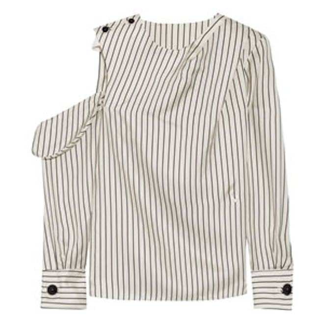 One-Shoulder Pinstriped Silk-Twill Blouse