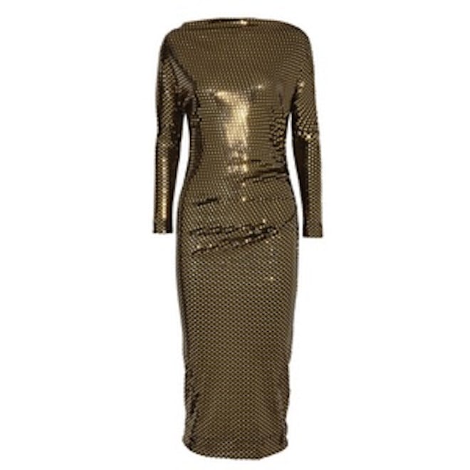 Draped Metallic Printed Midi Dress