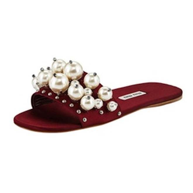 Pearly Embellished Satin Mule Slide