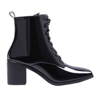 Black Patent Leather Point Toe Lace Up Booties