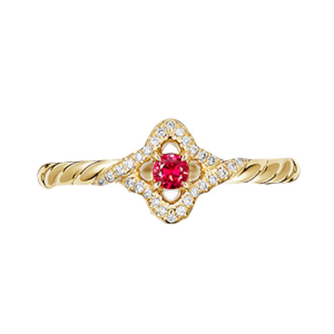 Venetian Quatrefoil Ring With Ruby And Diamonds In 18K Gold