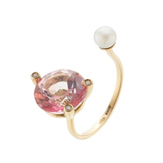 18kt Gold Ring With Pink Topaz, White Diamonds And Pearl