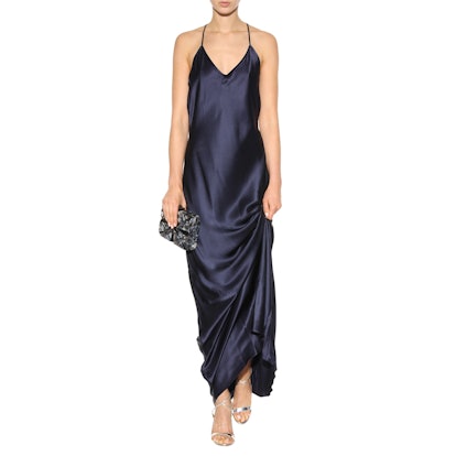 In The Style x Yasmin Chanel satin lace trim cup detail strappy back slip  dress in blue