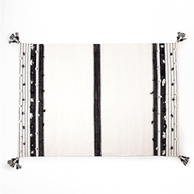 Cotton Rug With Black and White Pompoms