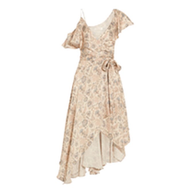 Ruffled Floral-Print Silk-Satin Wrap Dress