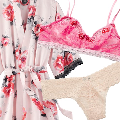 A floral pink bathrobe next to a bra and panties
