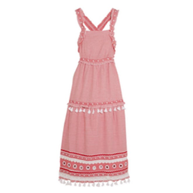 Embellished Lace-Trimmed Cotton-Jacquard Midi Dress