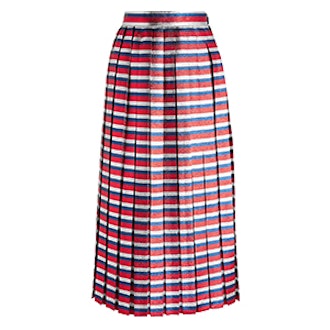 Pleated Striped Silk-Blend Lamé Midi Skirt