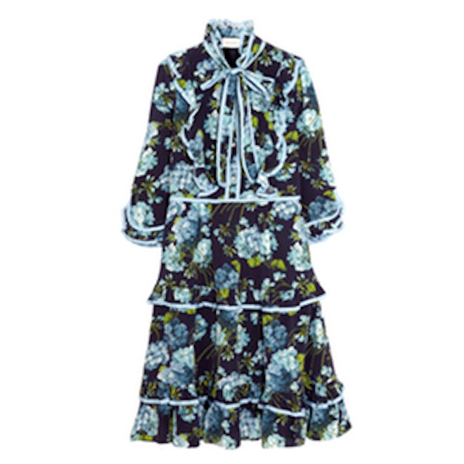 Ruffled Floral-Print Silk Crepe De Chine Dress