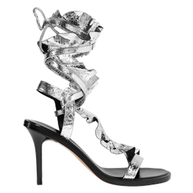 Ansel Ruffled Metallic Cracked-Leather Sandals