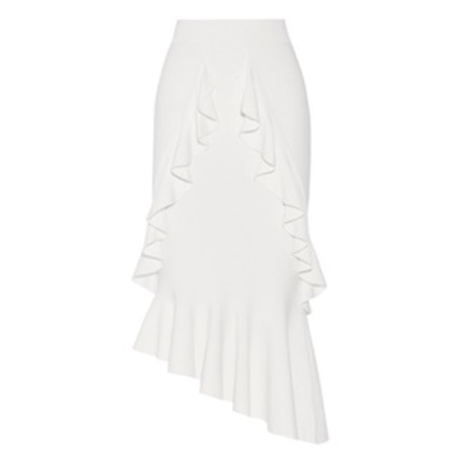 Asymmetric Ruffled Stretch-Knit Midi Skirt