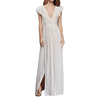 Embroidered Chiffon Dress With Plunging Neckline
