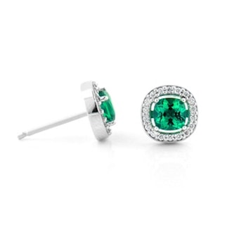 Diamond Halo Emerald Cushion Earrings