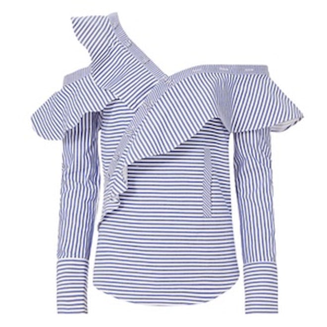 Pinstriped Poplin Asymmetrical Ruffle Shirt