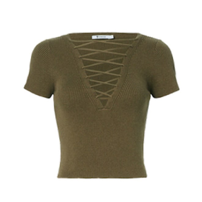 Olive Lace-Up Short Sleeve Sweater