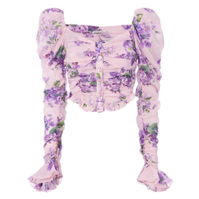 Puff Shoulder Violet Floral Blouse