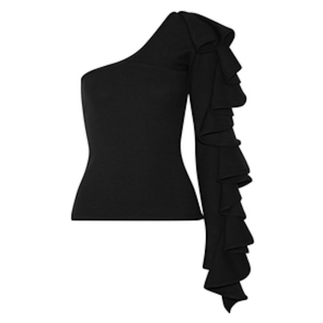 Electra One-Shoulder Ruffled Ribbed-Knit Top