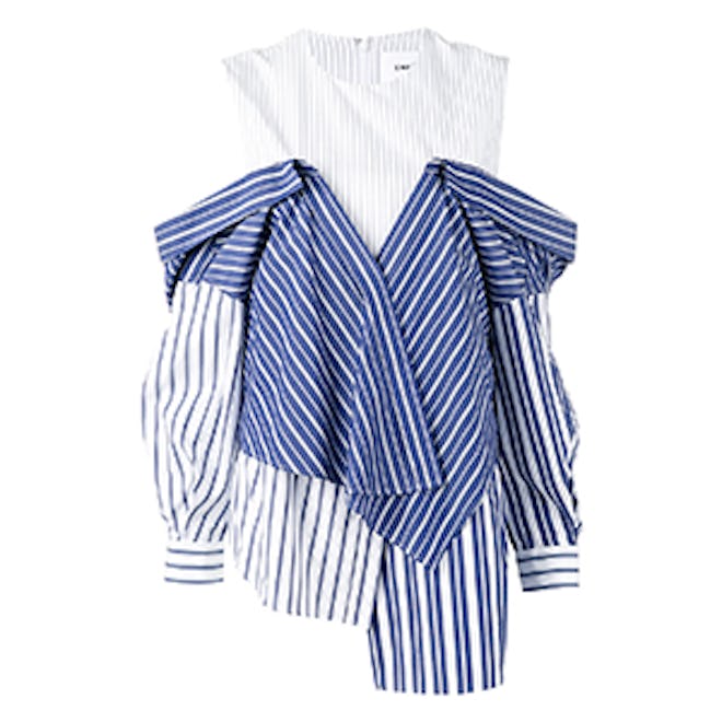 White & Navy Reconstructed Shirting Blouse