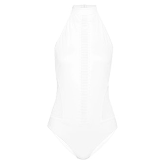 Lace-Paneled Bonded Jersey Halterneck Swimsuit