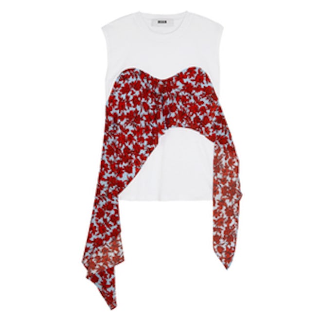 Printed Crepe-Trimmed Cotton-Jersey Top