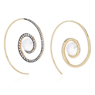 Spiral Moon Earrings In Yellow Gold With Moonstone & Diamonds