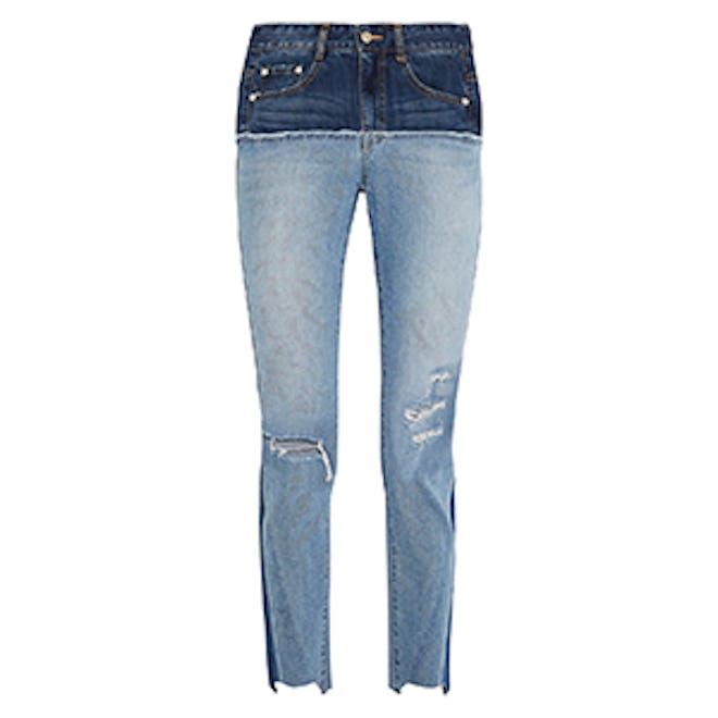 Two-Tone Distressed High-Rise Slim-Leg Jeans