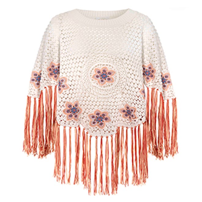 Fringed Embroidered Crocheted Cotton Poncho