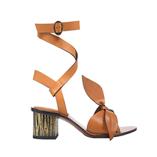 Bow-Detailed Embellished Leather Sandals in Tan