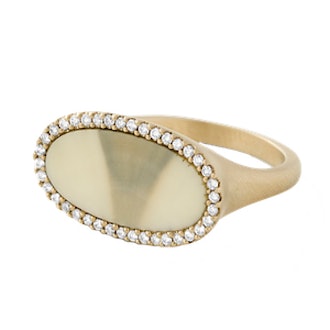 Grey Ombré Fossilized Walrus Ivory Oval Ring With White Diamond Pave