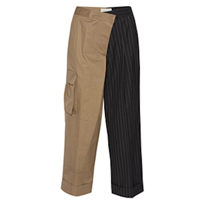 Paneled Cotton-Twill And Pinstriped Wool Wide-Leg Pants