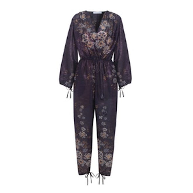 Metallic Striped Floral-Print Cotton-Blend Jumpsuit