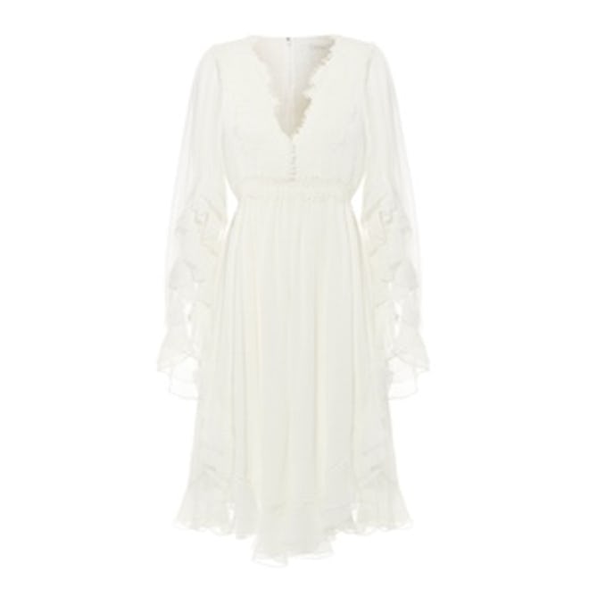 Ruffled Crocheted Lace-Paneled Silk-Crepon Mini Dress