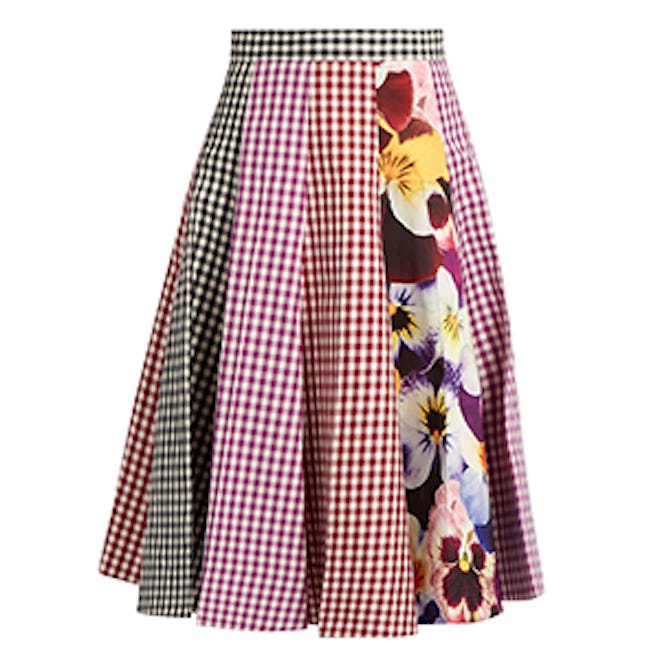 Gingham And Pansy-Print A-Line Cotton Skirt