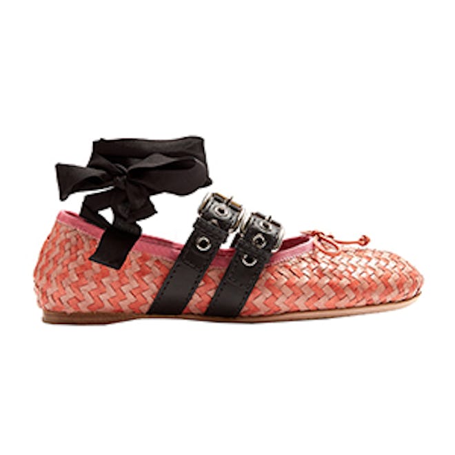 Buckle-Fastening Woven-Leather Ballet Flats