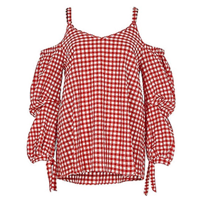 Gingham Cold Shoulder Puff Sleeve Top