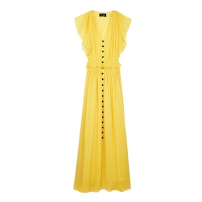 Long Yellow Silk Buttoned Dress