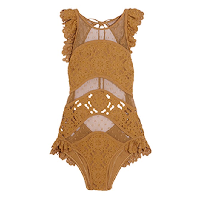 Good Times Ruffled Broderie Anglaise And Point D’Espirit Swimsuit