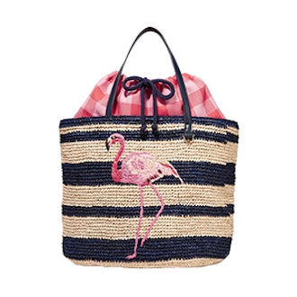 Leather-Trimmed Embroidered Crocheted Straw Tote