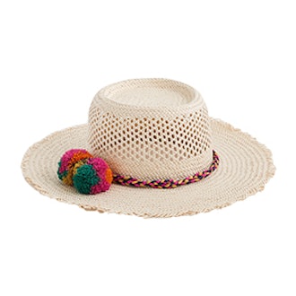 Straw Hat With Rainbow Pom-Poms