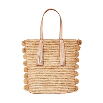 Cruise Pompom-Embellished Leather-Trimmed Woven Raffia Tote