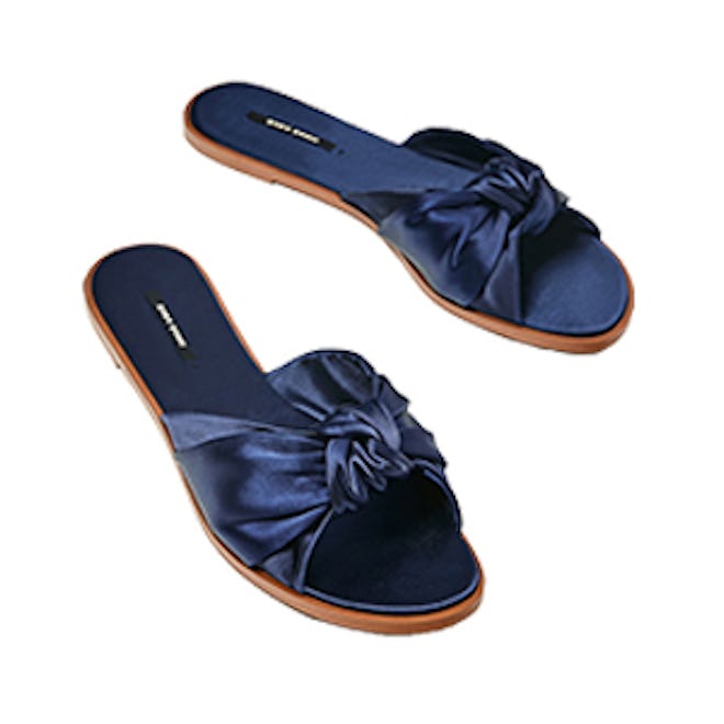 Satin Bow Slides in Navy Blue