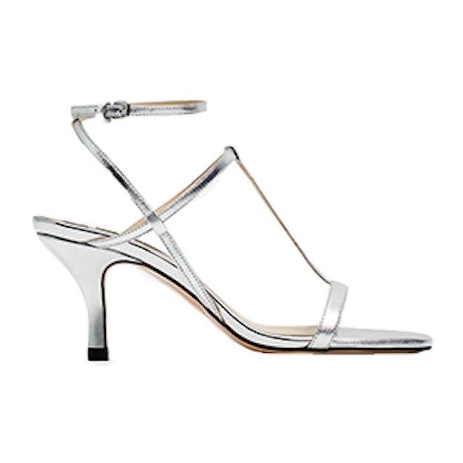 Silver Leather T-Strap Sandals