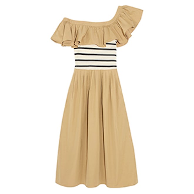 One-Shoulder Ruffled Cotton-Gabardine And Jersey Midi Dress