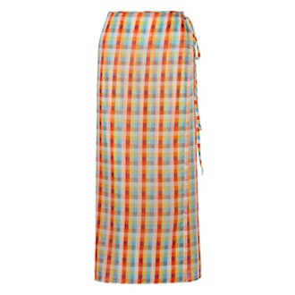 Checked Cotton-Voile Wrap Midi Skirt
