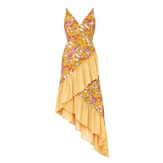 Floral Frill Detail Asymmetric Maxi Dress